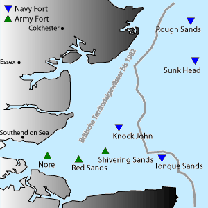 The locations of the seven Maunsell Forts off the east coast of England