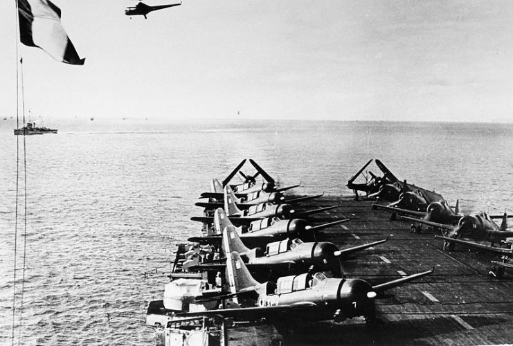 Helldivers on the flight deck of the French aircraft carrier Arromanches in 1951. At this time the ship was operating off Indochina.