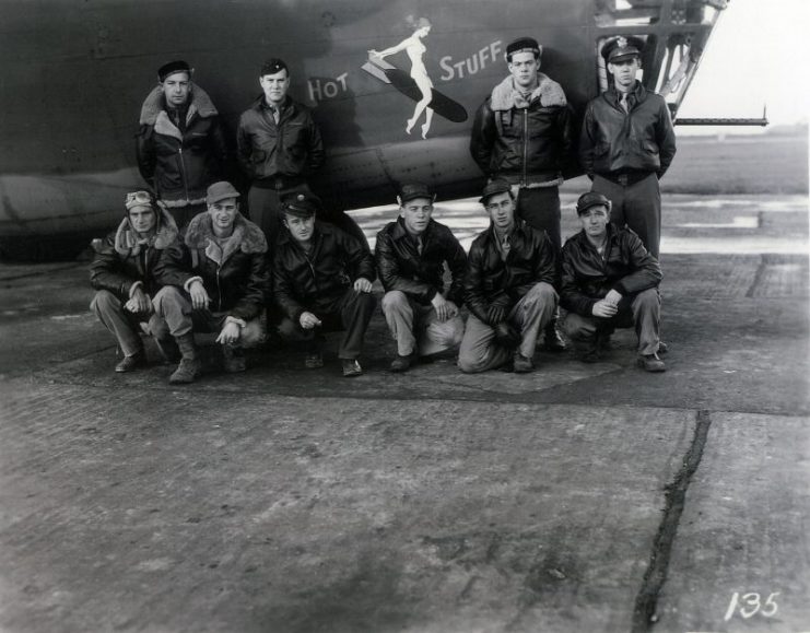 The Hot Stuff‘s crew: (top, left to right) Lt Robert Jacobson, Capt Robert Shannon, Lt James Gott, Lt John Lentz; (lower row, left to right) Sgt Grant Rondeau, Sgt Joseph Craighead, Sgt L.F. Durham, Sgt Paul McQueen, Sgt Kenneth Jeffers, Sgt George Farley.