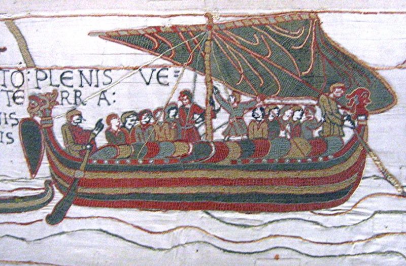 Image from the Bayeux Tapestry showing Harold Godwinson’s ship approaching a beach, probably in the Somme Estuary Photo by Urban, CC BY-SA 3.0