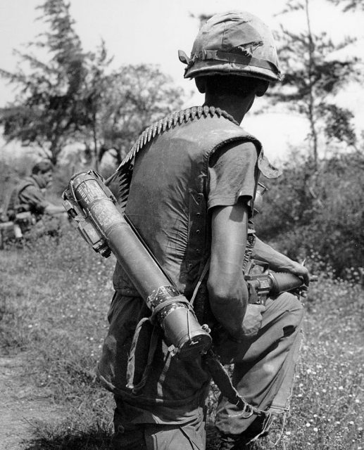 Light assault weapon carried on a soldier’s back.