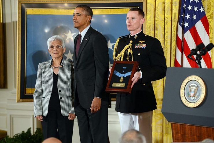 Mendoza’s wife Alice accepted the Medal of Honor on his behalf during a White House ceremony.18 March 2014