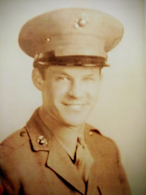 A 19-year-old Merrell is pictured in his Marine uniform in late 1942, days after signing his enlistment papers. Courtesy of Ray Merrell