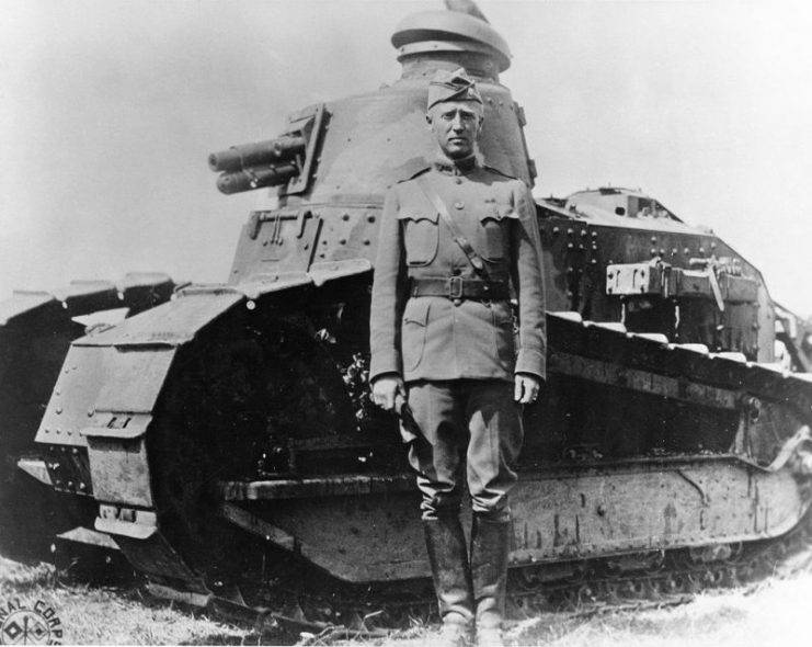 Patton at Bourg in France in 1918 with a Renault FT light tank