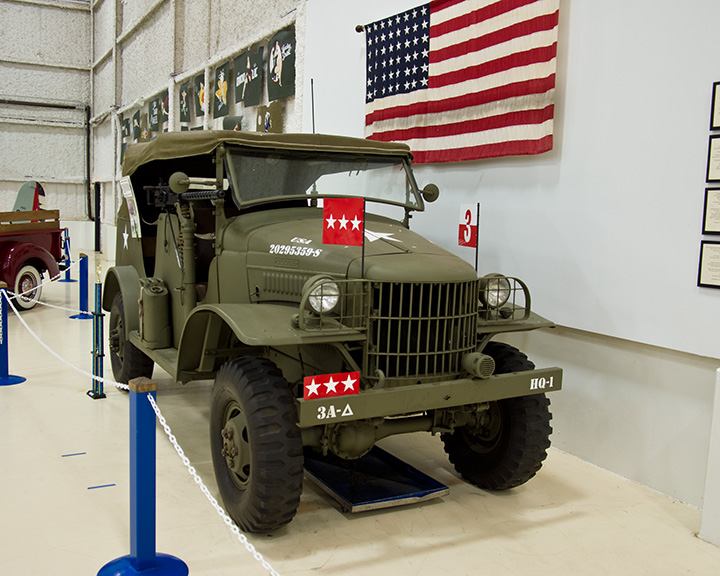 A Dodge-built vehicle identical to the one used by Gen. George Patton as a command car when he commanded Third Army during World War II. This one has been painted to look exactly like Patton’s vehicle, down to the serial number painted on its hood. At the Lone Star Flight Museum in Galveston, TX. Photo by Mike Fisher CC BY 2.0