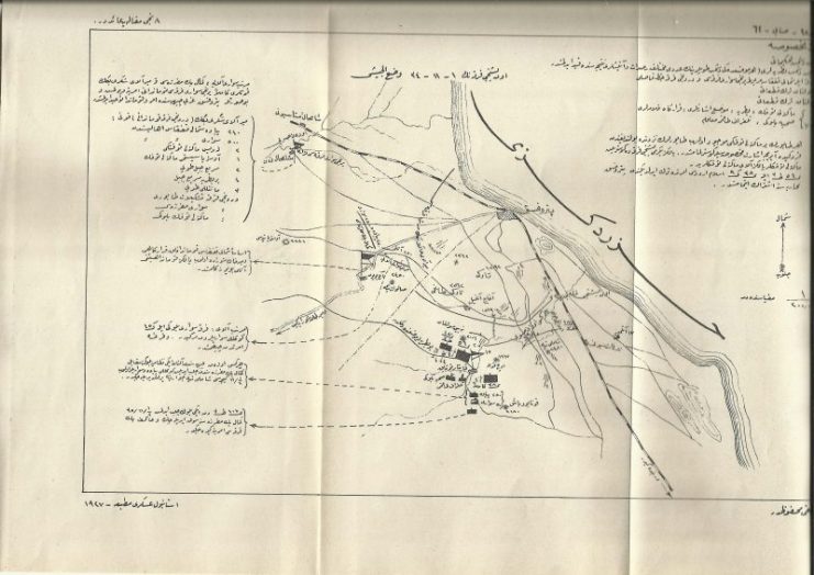 Battle map of Petrovsk (Makhachkala) from Col. Tevfik’s article, showing the situation on 1 November 1918. The Caspian Sea is at right and the railway is the dotted line along the coast, running toward the port of Petrovsk and then away to the west (left).