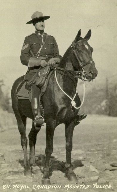 Royal Canadian Mounted Police officer on horseback. The postcard was postmarked 1935.