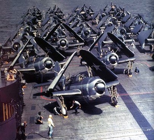 SB2C-1s in tricolor scheme (front) on the flight deck of Yorktown in 1943