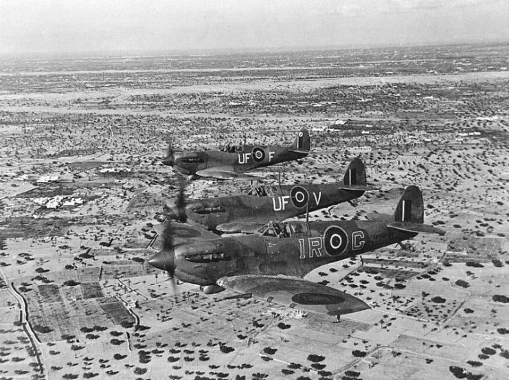 Two 601 Sqn Spitfire Vb over Djerba Island in early 1943, led by W/Cdr. I.R. Gleed in his personal Spitfire marked IR-G.
