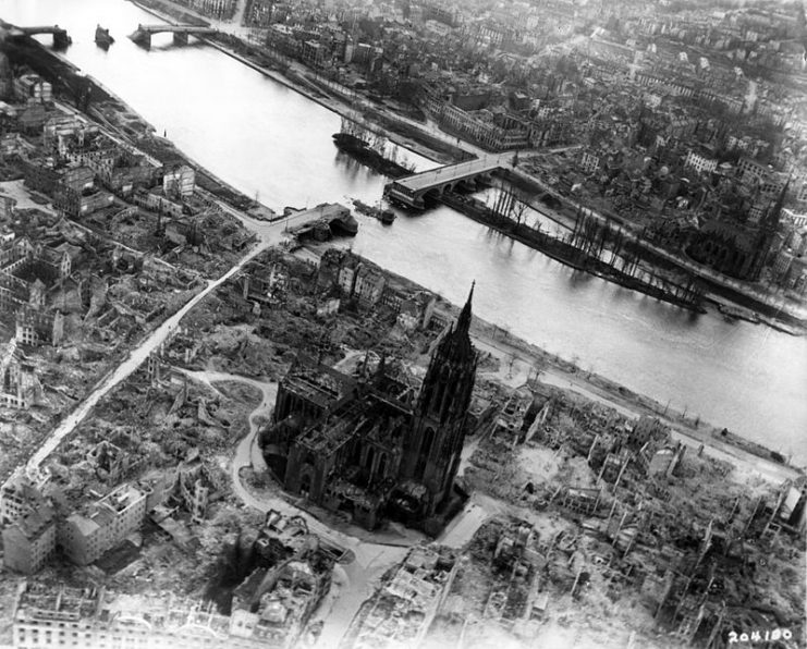 The area near the Frankfurt Cathedral after a bombing, May 1945.
