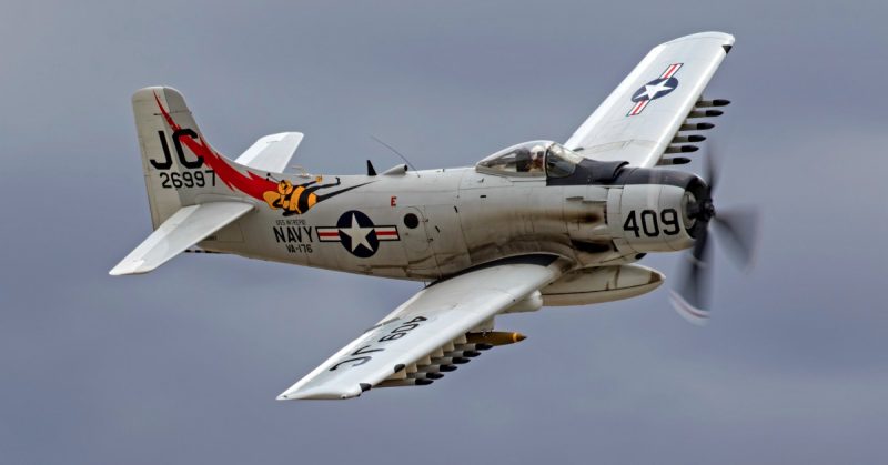 May 6, 2017. A-1 Skyraider Vietnam War era fighter airplane flying at the 2017 Planes of Fame Air Show in Chino, California.