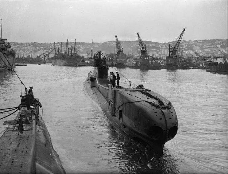 HMS TRIDENT leaving harbour for a long patrol of the Mediterranean.