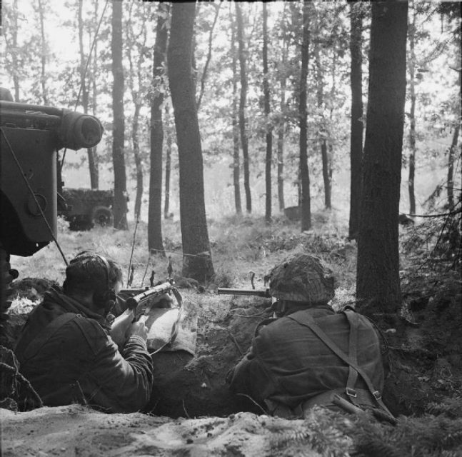 Troopers dug in near Oosterbeek, showing the woodland fought in on the western side of the British perimeter.