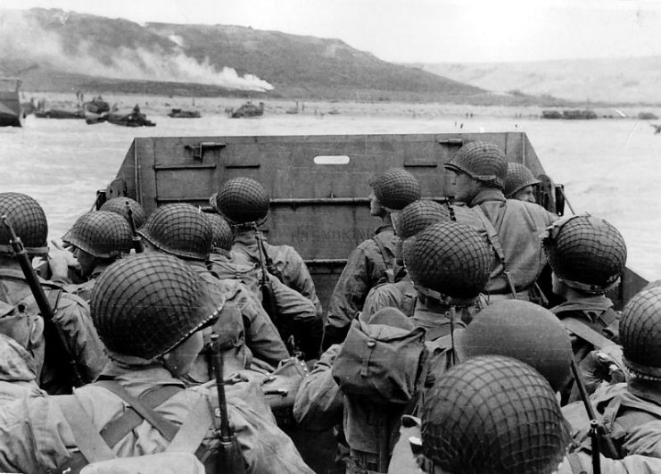 U.S. assault troops in an LCVP landing craft approach Omaha Beach, 6 June 1944.