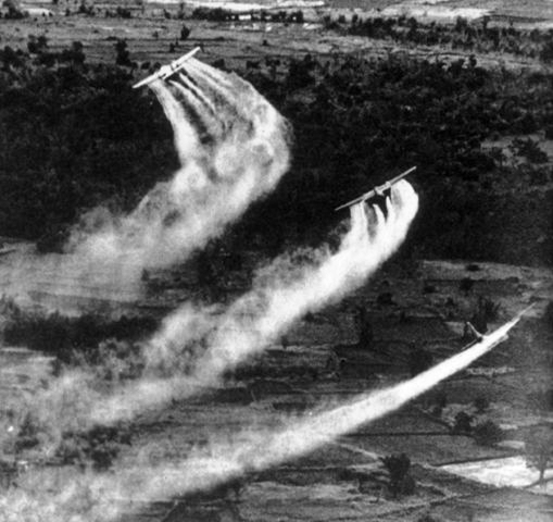 U.S. Fairchild UC-123B Provider aircraft cropdusting in Vietnam during Operation Ranch Hand which lasted from 1962 to 1971.