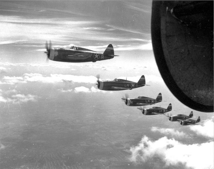 USAAF P-47 Thunderbolt fighters, assigned to protect 8th Air Force bomber formations and to hunt for German fighters.