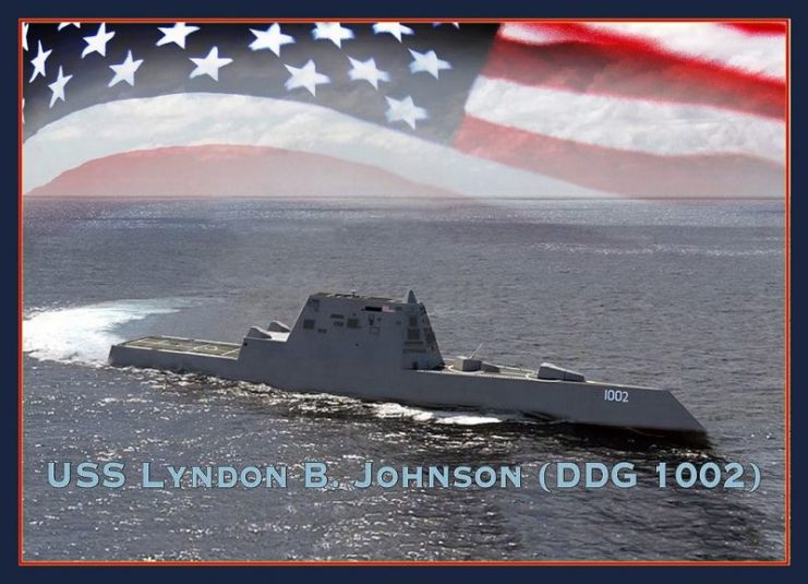 An artist rendering of the Zumwalt-class guided-missile destroyer USS Lyndon B. Johnson (DDG 1002). (U.S. Navy photo illustration by Lt. Shawn Eklund/Released)
