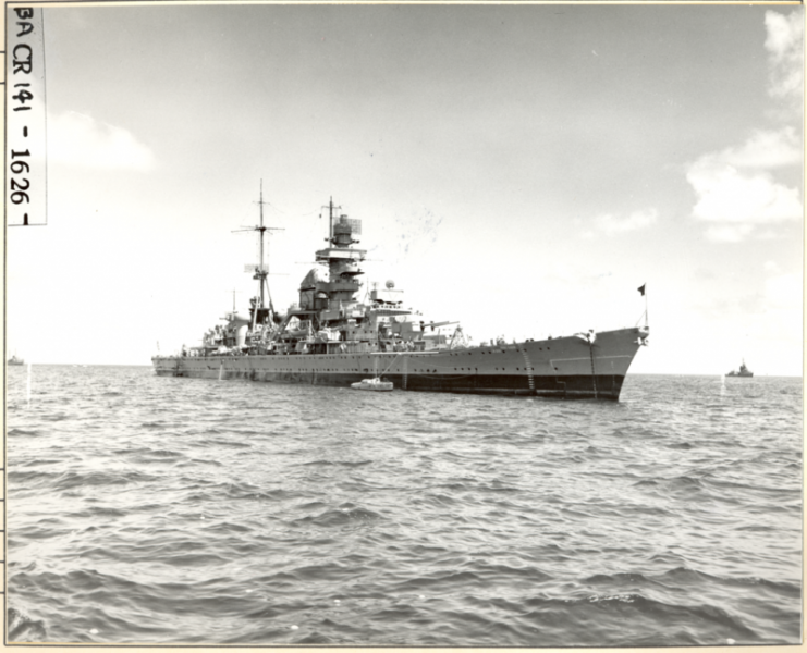 USS Prinz Eugen (IX 300) at sea during Operation “Crossroads”. ¾ view STBD forward.
