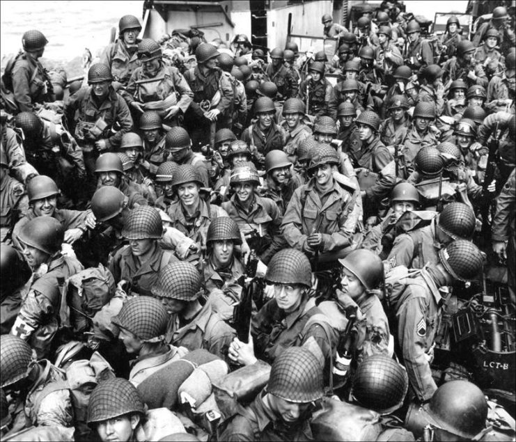 Landing craft headed for Utah Beach with soldiers from the 4th Infantry Divisionand also from the 101st Airborne Division.