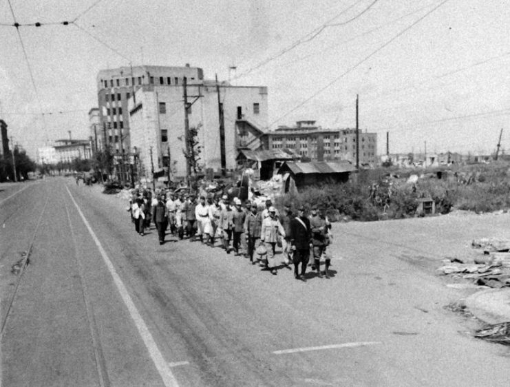 Surrender of Japan, August-September 1945. Demobilized Japanese soldiers returning to Yokohama, Japan