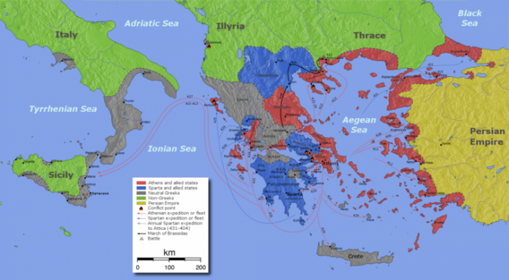 The extent of conflict during the Peloponnesian War, 431 BCE to 404 BCE