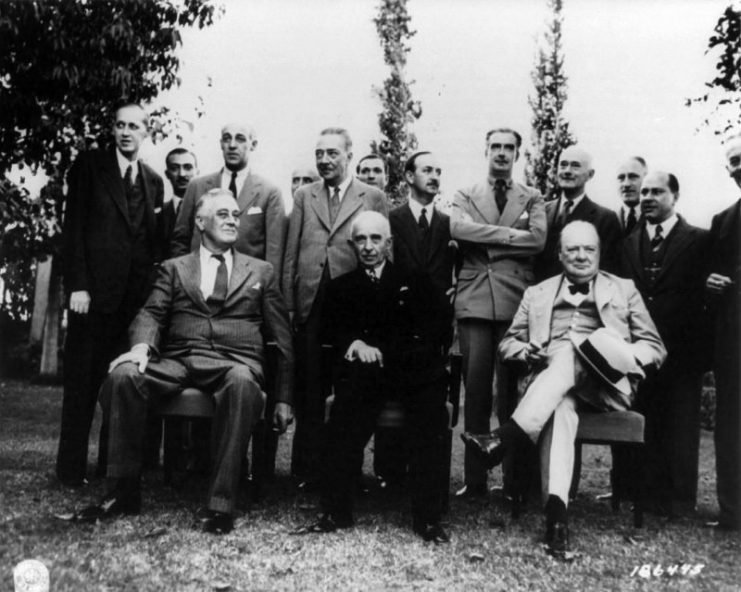 The President of Turkey confers with President Roosevelt and Prime Minister Churchill at Cairo.