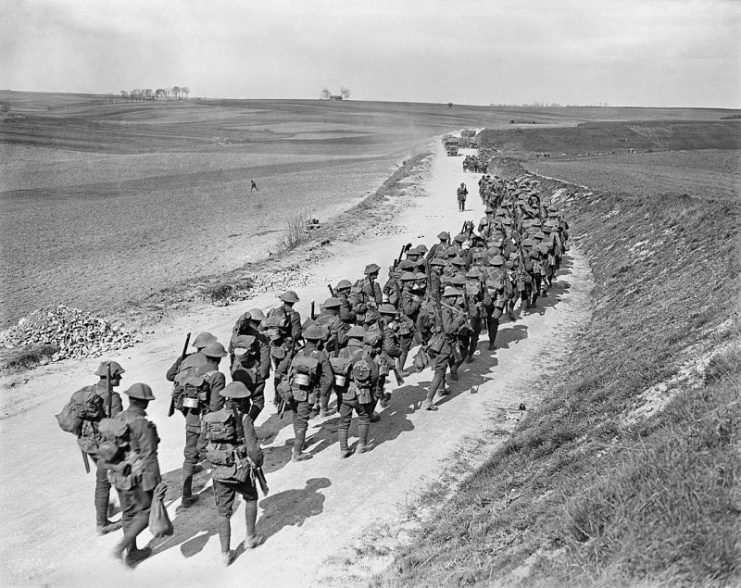 British infantry moving forward near Mailly-Maillet to meet the German advance during the German Spring Offensive.