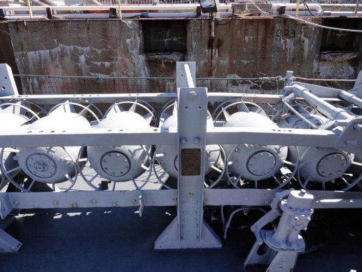 Mark IX depth charges on the starboard stern of the USS Cassin Young (DD-793). Photo: Kevin Rutherford / CC BY-SA 4.0