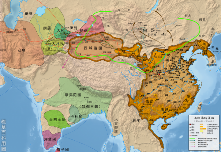 Yellow line indicates the territory under Qi empire (the dynasty prior to Han). The territory of Han empire (dark orange) before Emperor Wu’s reign, the new territory (bright orange) conquered during Emperor Wu’s reign (r. 141–87 BC), and combined the largest expansion under Emperor Wu’s reign (outlined with the wide brown line). Photo by 玖巧仔 CC BY-SA 3.0