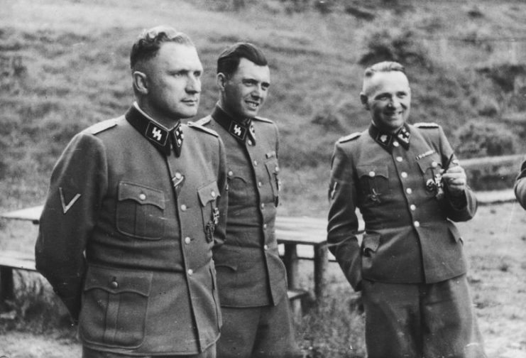 Richard Baer, Josef Mengele and Rudolf Höss at Auschwitz, 1944. Höcker Album