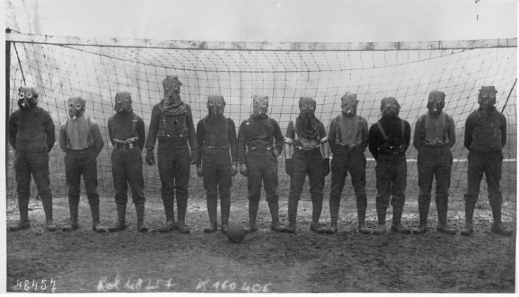 World War I, British soccer team with gas masks, 1916.j