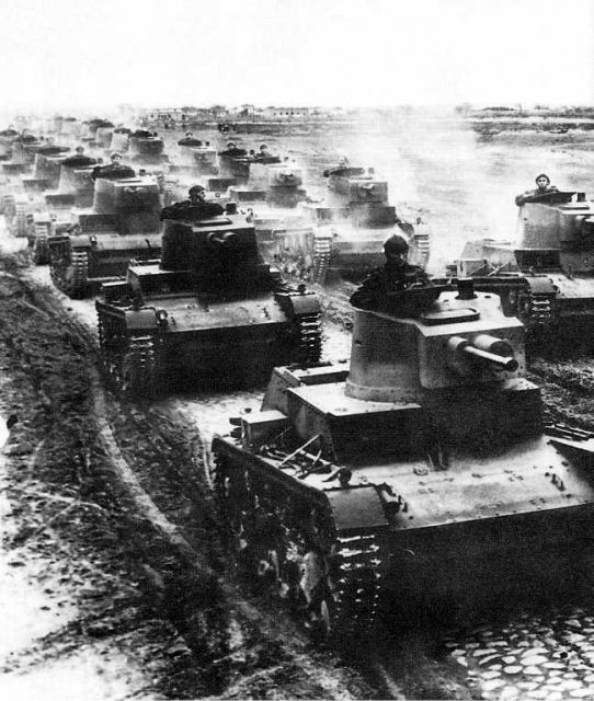 Polish 7TP light tanks in formation during the first days of the invasion