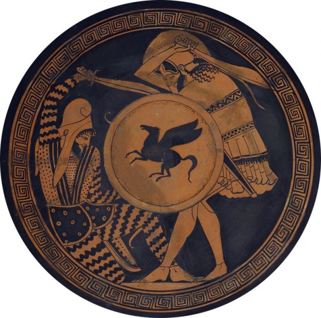 Greek hoplite besting a Persian.