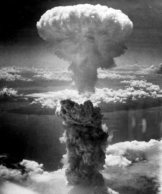 Mushroom cloud from the atomic explosion over Nagasaki at 11:02 a.m., Aug 9, 1945