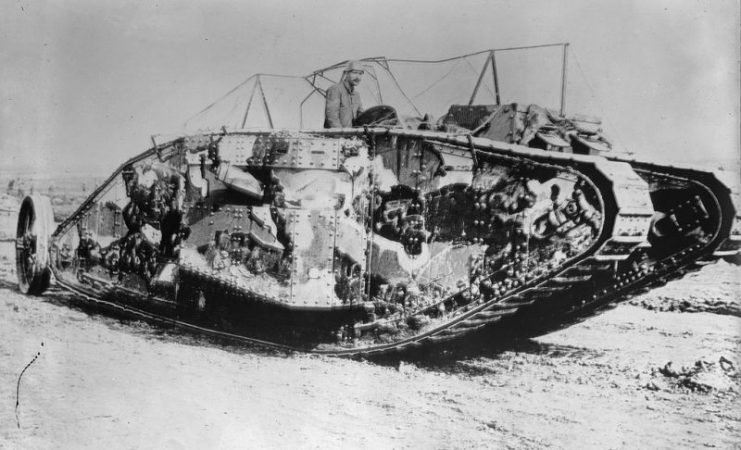 A British Mark I tank with the Solomon camouflage scheme