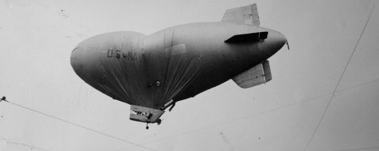 A crewless U.S. Navy blimp, L-8 floats aimlessly over Daly City, California