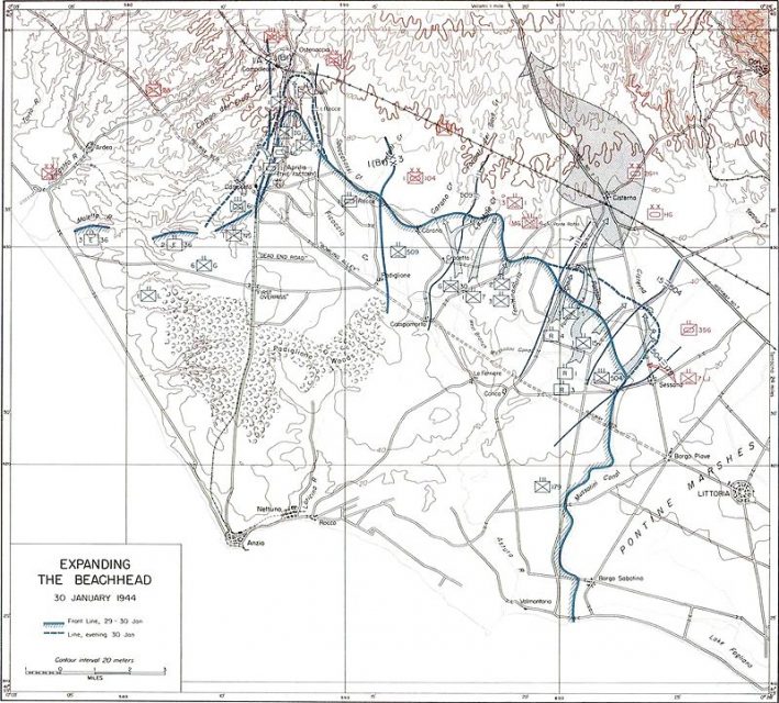 Allied plan of attack and force dispositions at Cisterna 30 January 1944.