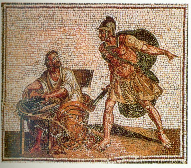 A mosaic depicting Archimedes’s confrontation with a Roman soldier.