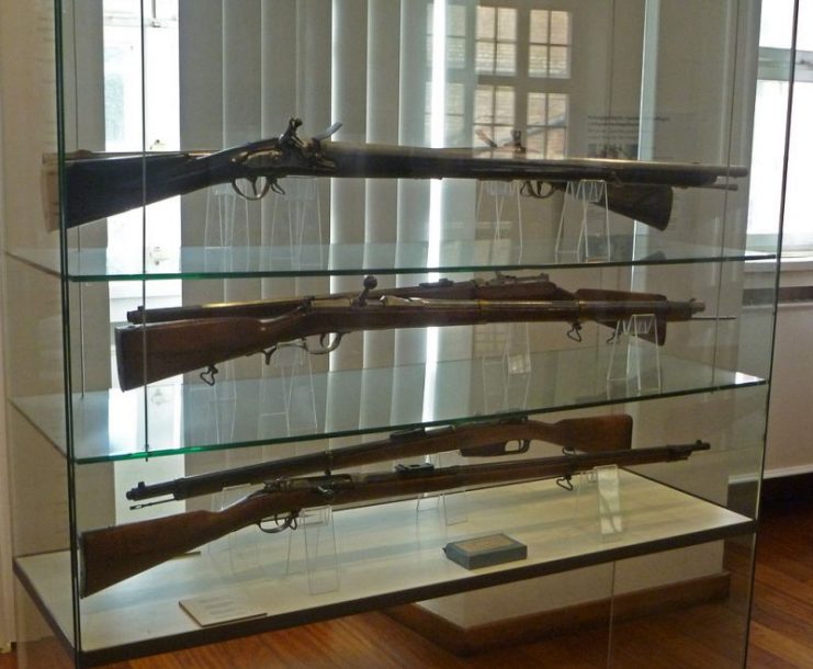 1) infantry flintlock rifle Prussia (1770) 2) German Dreyse needle gun (1854) 3) German infantry rifle (1871); on exhibition in the Spandau Citadel, Spandau, Germany Photo by JoJan – CC BY 3.0