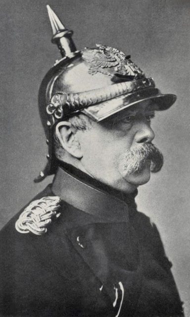 Otto von Bismarck wearing a cuirassier officer’s metal Pickelhaube.