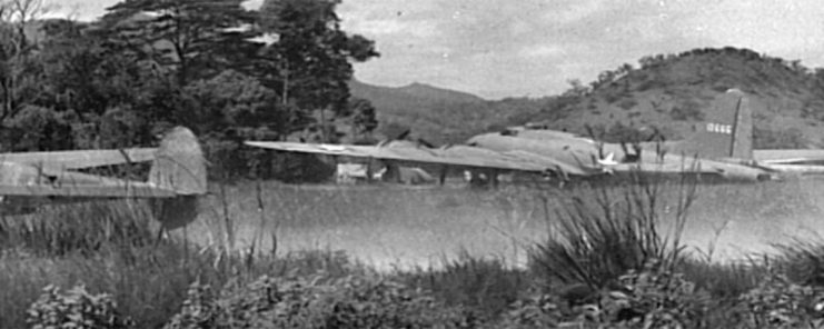 B-17E bomber, “Lucy” 41-2666 parked at parked at 14-Mile Drome (Schwimmer) near Port Moresby, New Guinea.