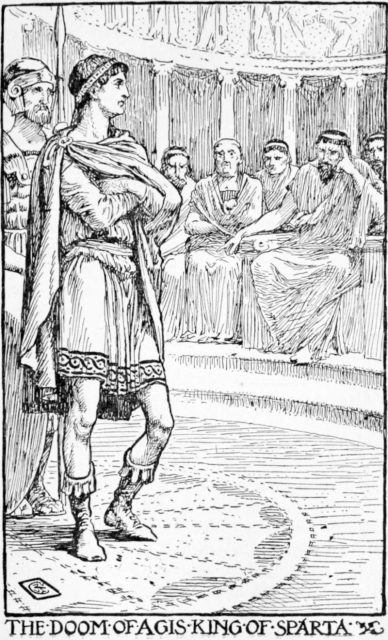Illustration of Agis, king of Sparta, before a tribunal of some kind.