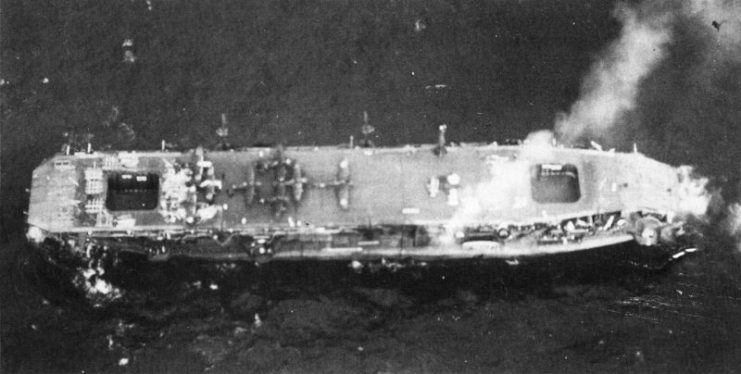 The escort carrier Un’yō steaming astern on Feb 4 or Feb 5, 1944, after losing bow in the stormy seas off Tateyama. Usually misidentified as “The escort carrier Chūyō steaming astern on 4 December 1943 after having her bow blown off by a torpedo.”