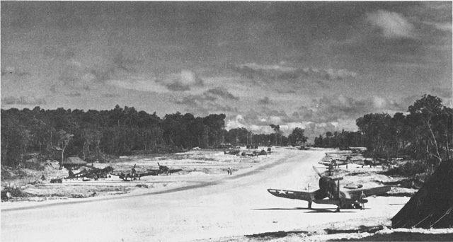 Corsairs at Emirau in position along a taxiway to the new airport which was operational less than two months after the landing