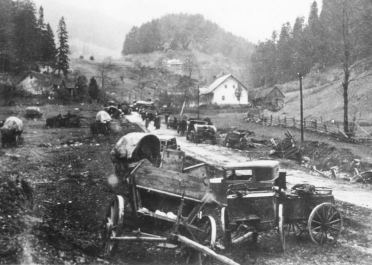 Mess during the retreat of soldiers and civilians into the mountains north of Banská Bystrica. The columns were raided by enemy planes and lots of materials had to be left on site.
