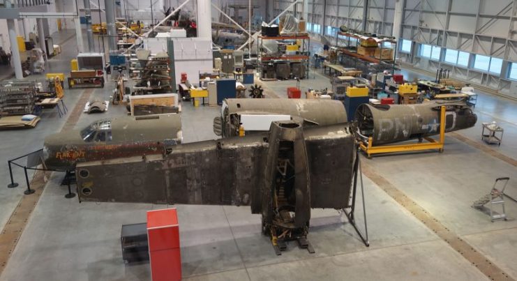 Martin B-26B-25-MA Marauder “Flak-Bait” undergoing restoration at the Mary Baker Engen Restoration Hangar, Steven F. Udvar-Hazy Center, National Air and Space Museum Photo by Elliottwolf – CC BY SA 4.0