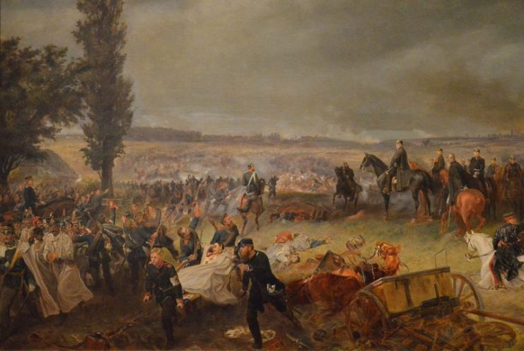 King Wilhelm I on a black horse with his suite of officers, Bismarck, Moltke, Roon, and others, watching the Battle of Königgrätz.
