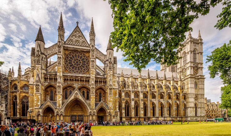 Westminster Abbey, London in high season, taken from the street.