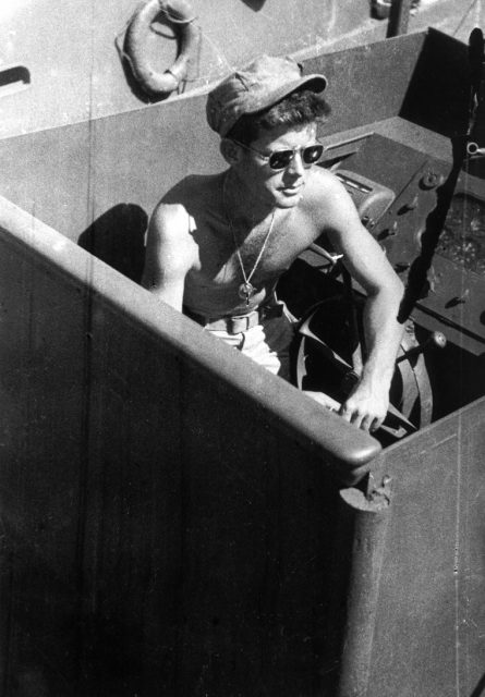 Kennedy on his navy patrol boat, the PT-109, in 1943.