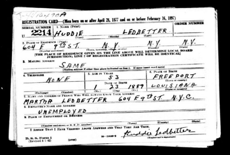 World War II-era draft card belonging to musician Huddie Ledbetter, better known as Lead Belly.